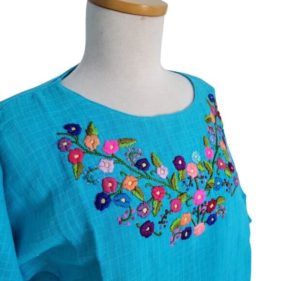 New Guatemalan Embroidered Woven Folk Art Blouse Turquoise Small Craftcore - Picture 2 of 9
